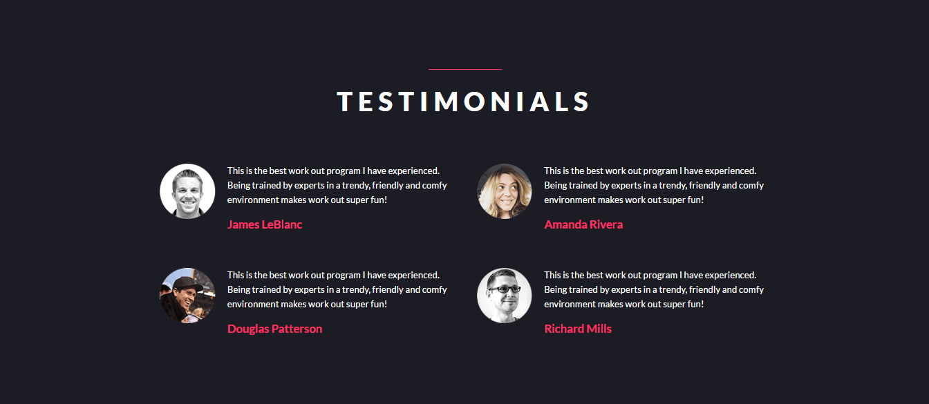 Workout Page Template Testimonials