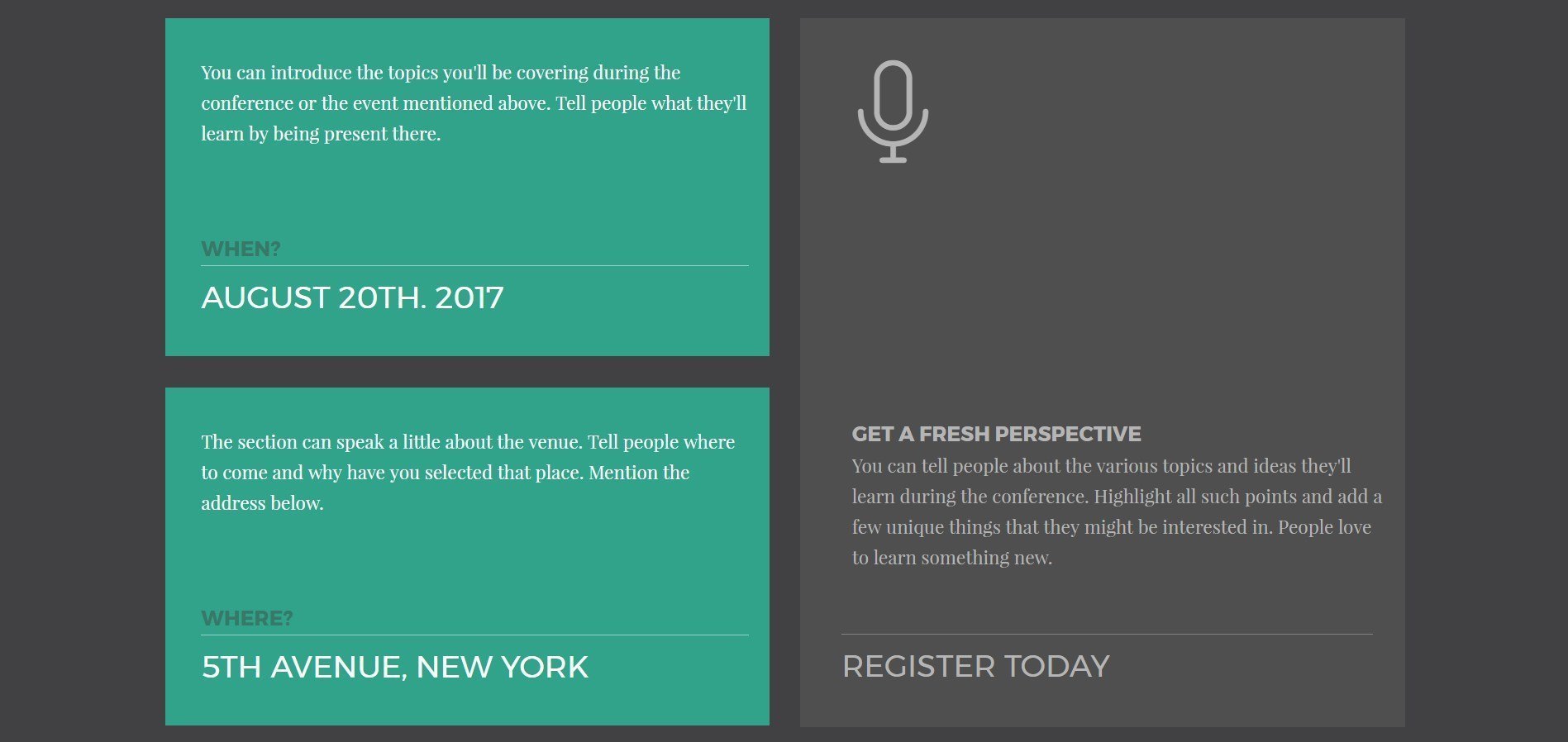 Date Venue And Detail Section Conference Page Template Beaver Builder