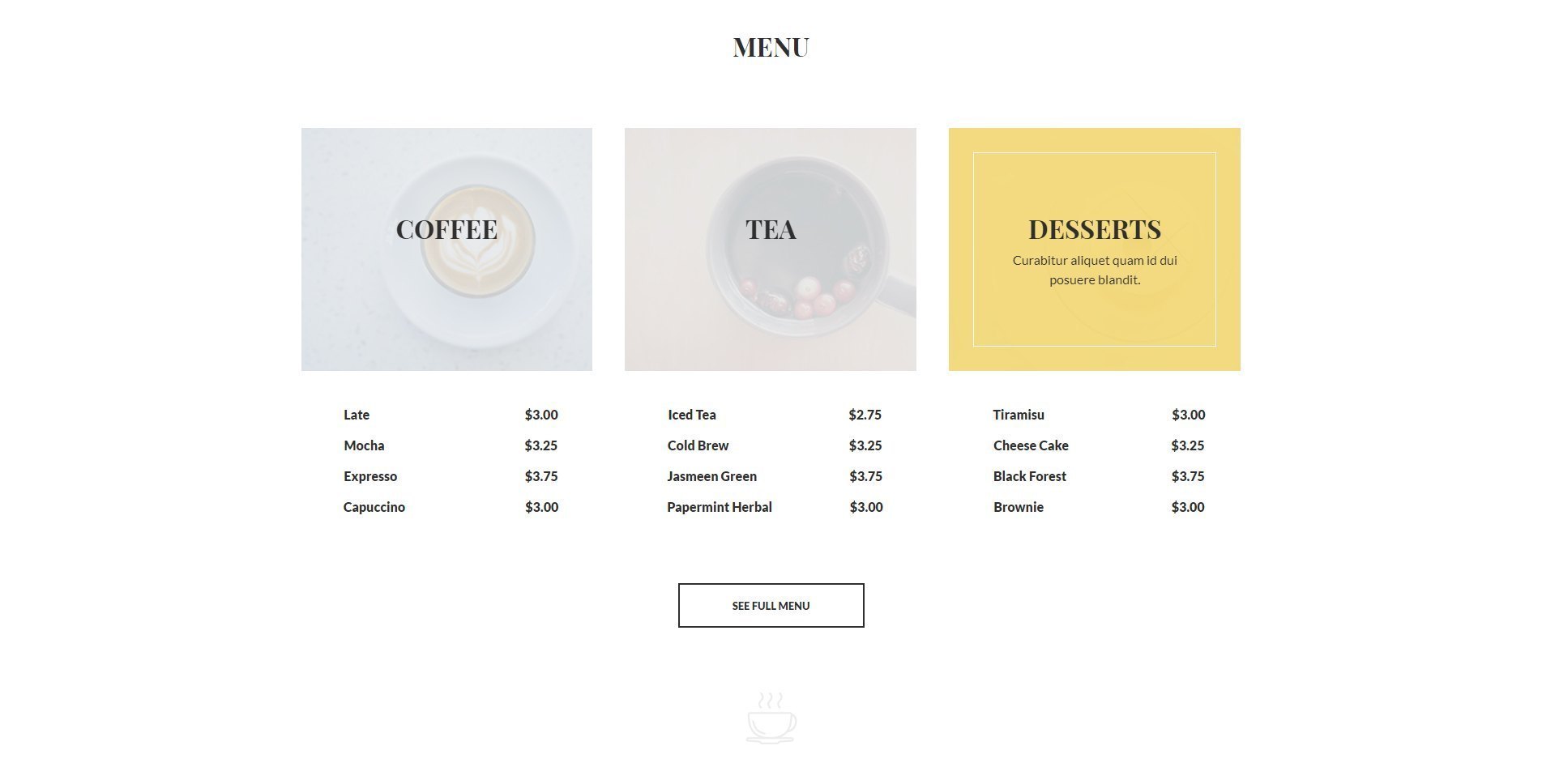 Cafe Page Template Menu