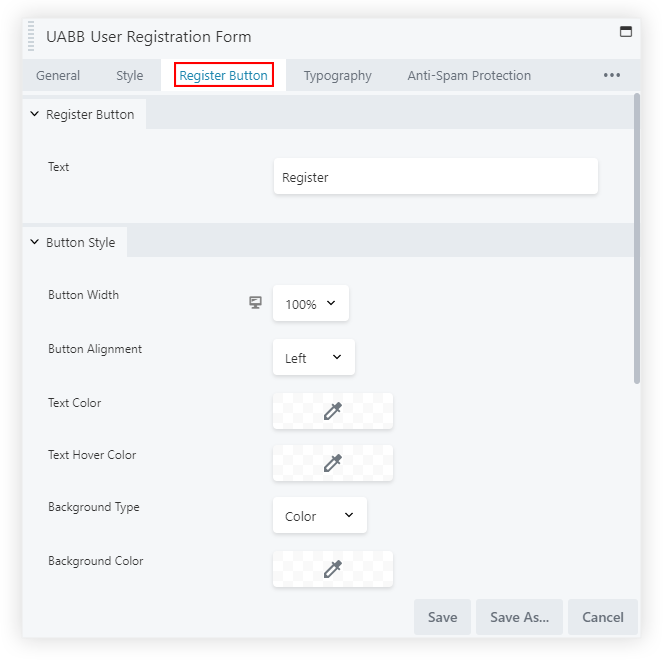 Uabb User Reg Form Register Button Tab